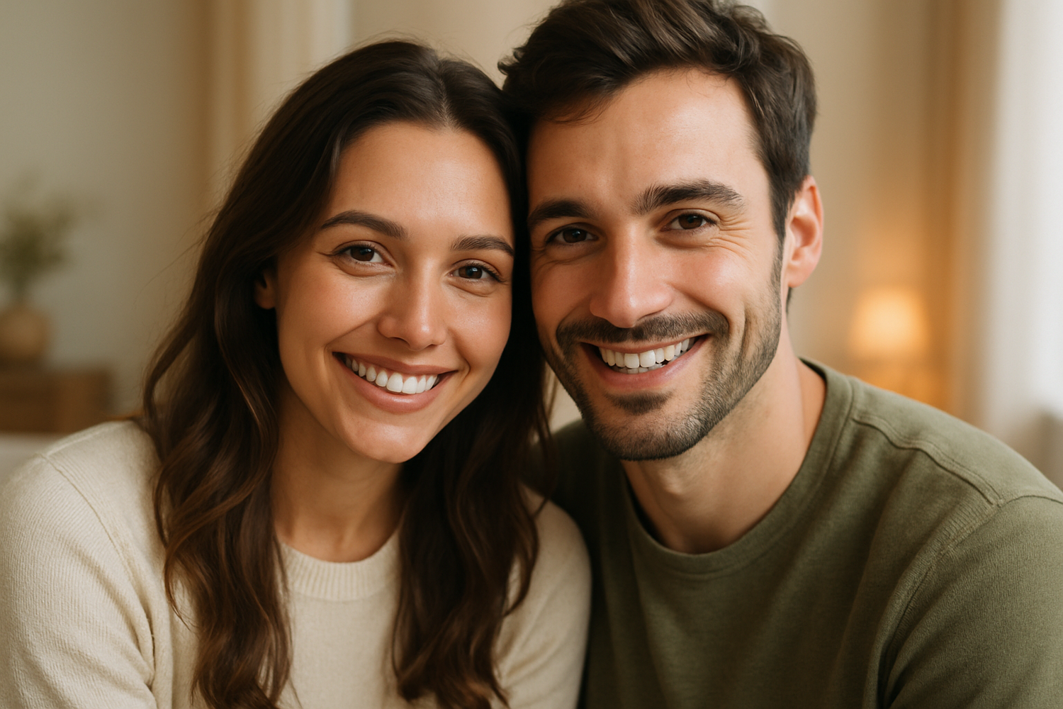 las caras sonrientes de una pareja guapa mirando al frente con complicidad