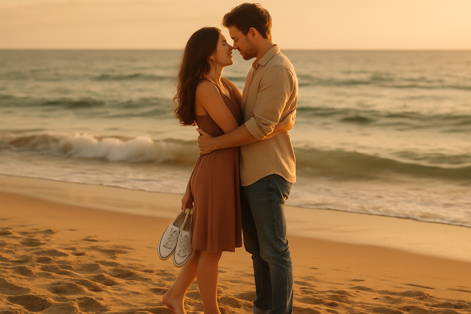 pareja en la arena con el fondo el mar mirandose y abrazados con las zapatillas de los pies en la manos