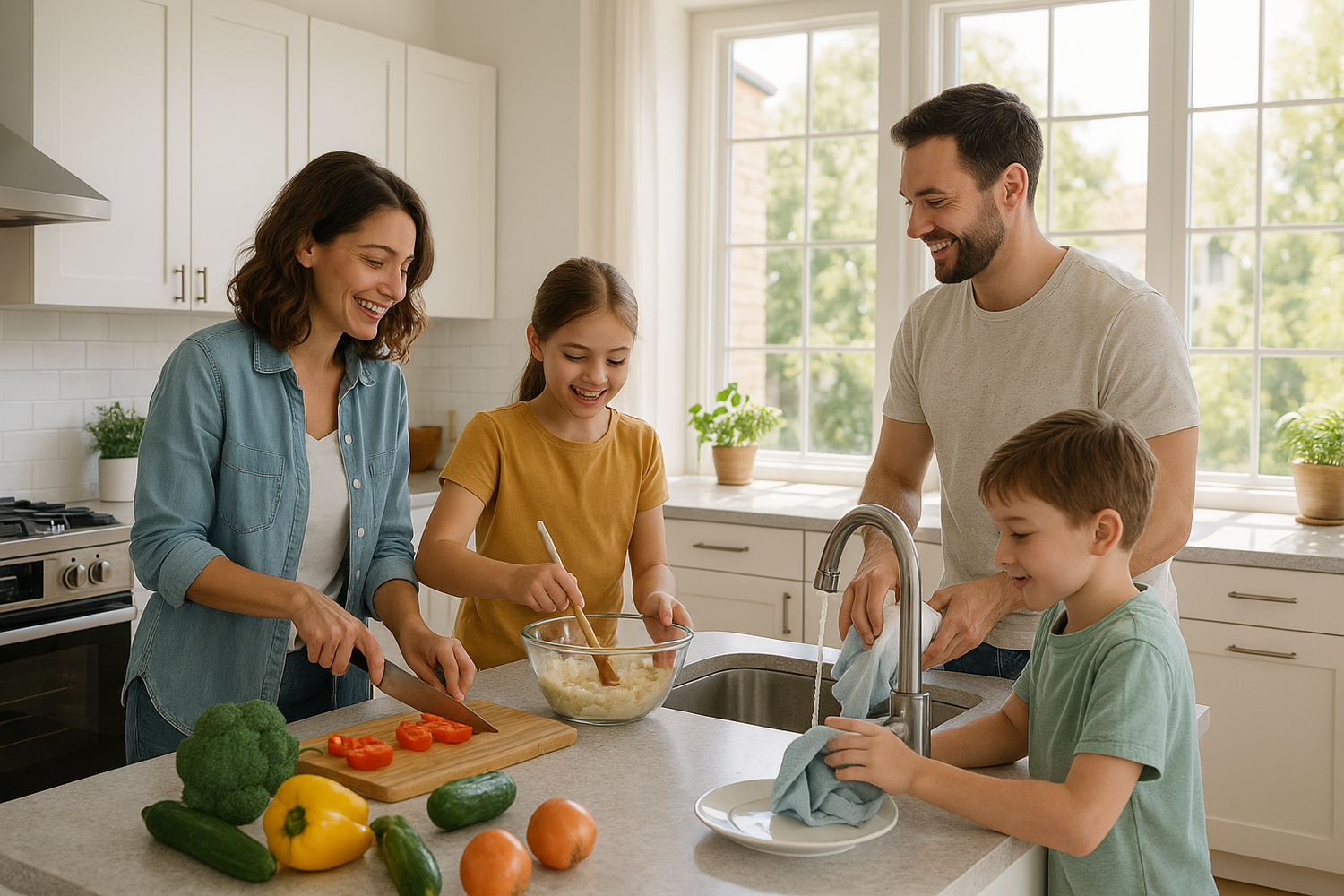 Una cocina moderna amplia con mucha luz y ventanal con una pareja con los hijos colaborando todos en la tareas domesticas