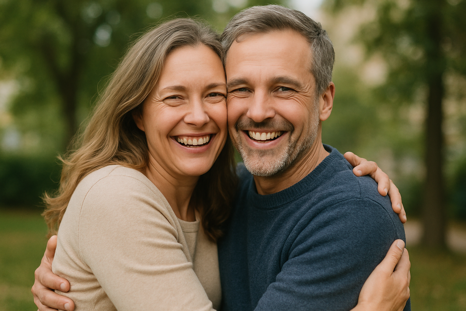 una pareja feliz abrazandose y sonriendo de 45 años de edad